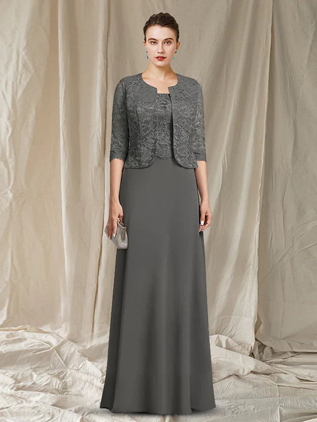 Wholesale Mother of the Bride Dress Elegant Wrap Included Square Neck Floor Length Chiffon Lace Sleeveless with Lace